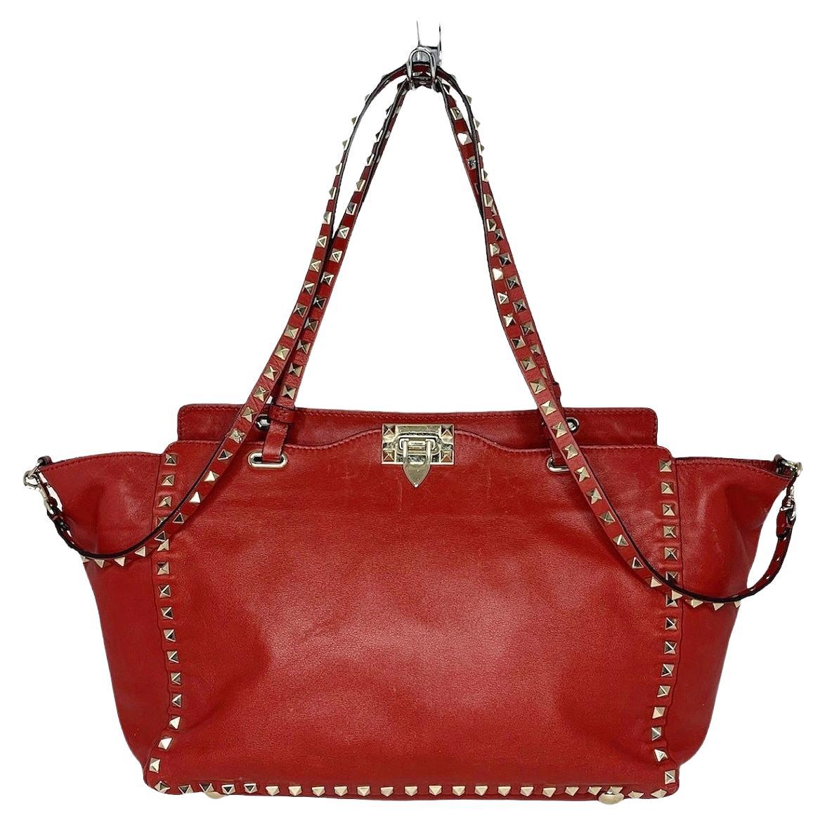 Valentino Red Leather Rockstud Trapeze Medium Tote Bag