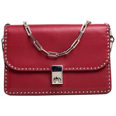 Valentino Red Leather Rockstud Turnlock Chain Shoulder Bag