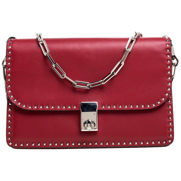Valentino Red Leather Rockstud Turnlock Chain Shoulder Bag at 1stDibs