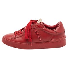Used Valentino Red Leather Rockstud Untitled Sneakers Size 37