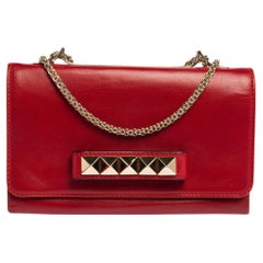 Valentino Red Leather Rockstud Va Va Voom Chain Clutch