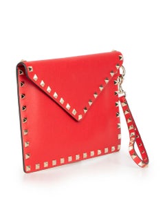 Valentino Red Leather Rockstud Wristlet Clutch