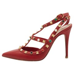 Valentino Red Leather Rolling Rockstud Ankle Strap Pumps Size 36