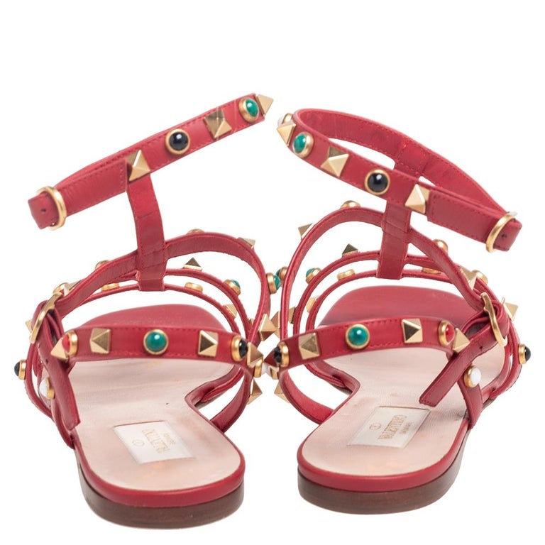 Valentino Red Leather Rolling Rockstud Flat Sandals Size 38 at 1stDibs | valentino  red sandals, red flat sandals, red leather sandals