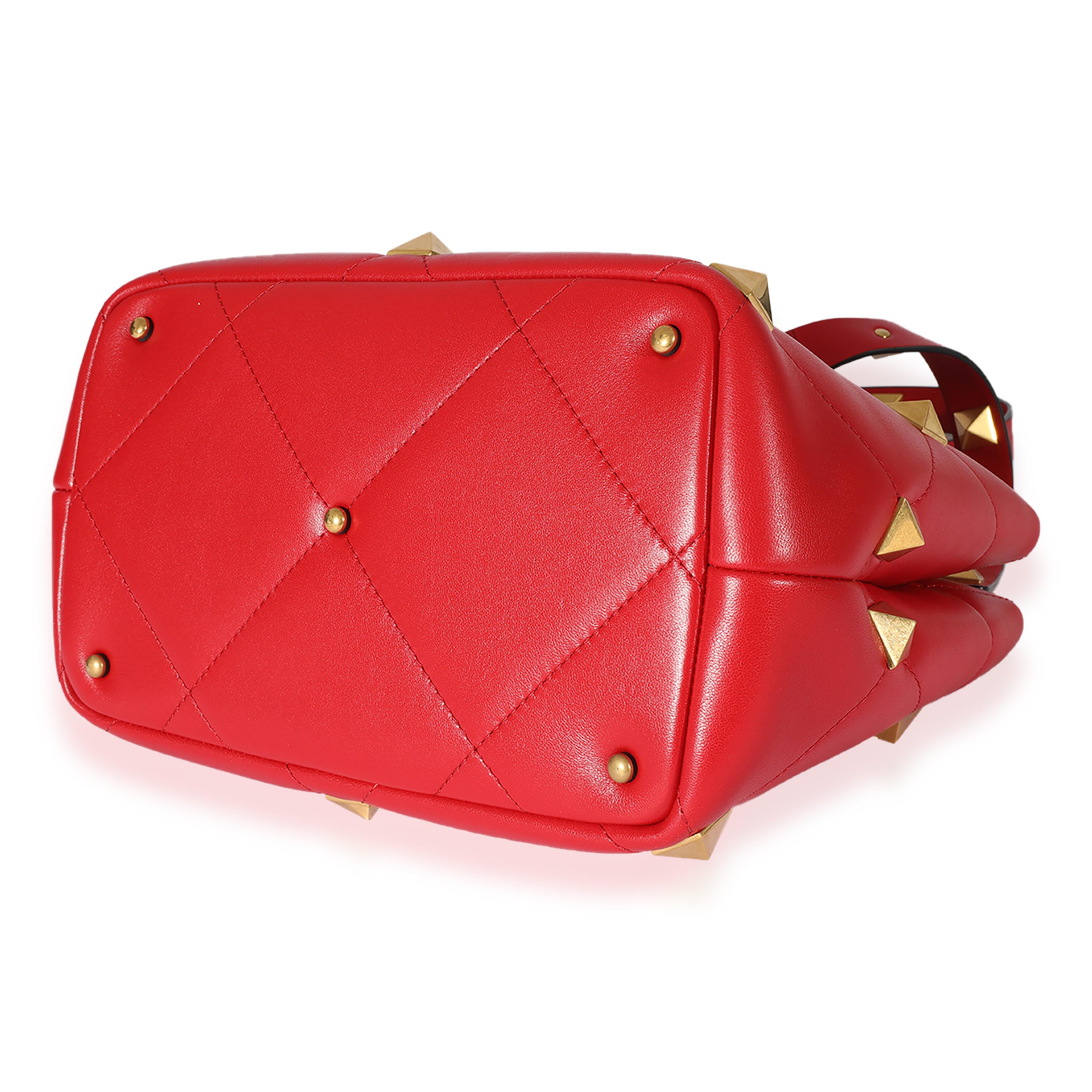 Valentino Red Leather Roman Stud Top Handle In Excellent Condition In New York, NY