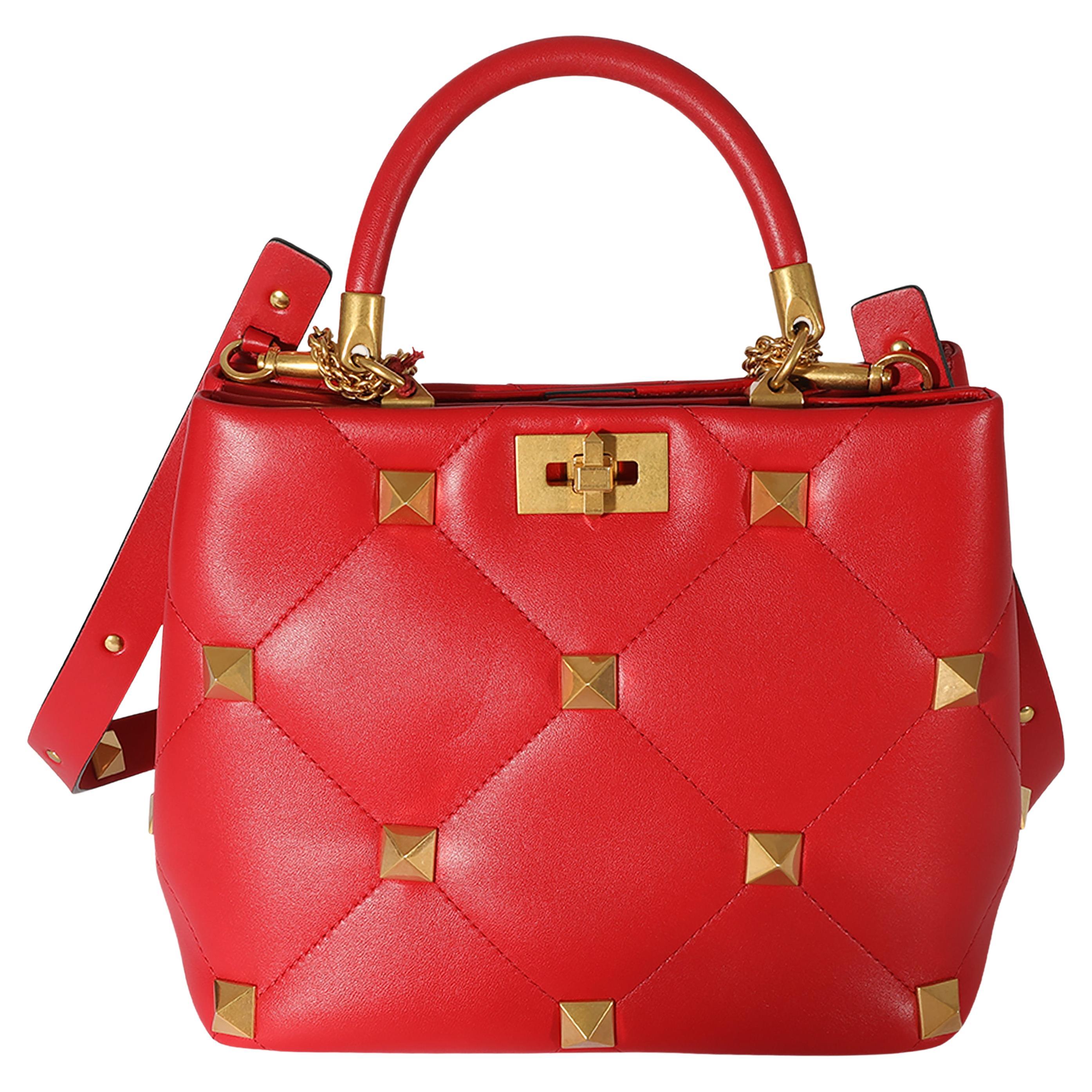 Valentino Red Leather Roman Stud Top Handle