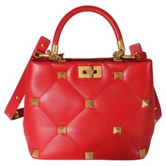 Valentino Red Leather Roman Stud Top Handle