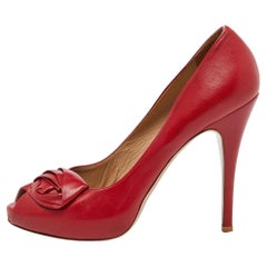 Valentino Red Leather Rose Applique Peep Toe Pumps Size 41