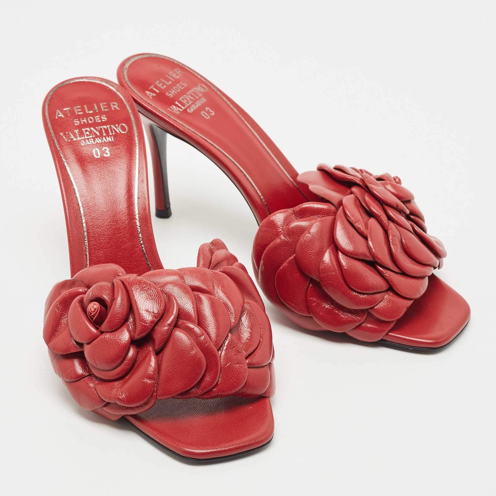 Valentino Red Leather Rose Atelier Slide Sandals Size 36.5 In Good Condition In Dubai, Al Qouz 2