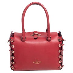 Valentino Red Leather Side Strap Detail Boston Bag