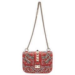 Valentino Red Leather Small Crystal Embellished Rockstud Glam Lock Flap Bag