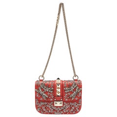 Valentino Red Leather Small Crystal Embellished Rockstud Glam Lock Flap Bag