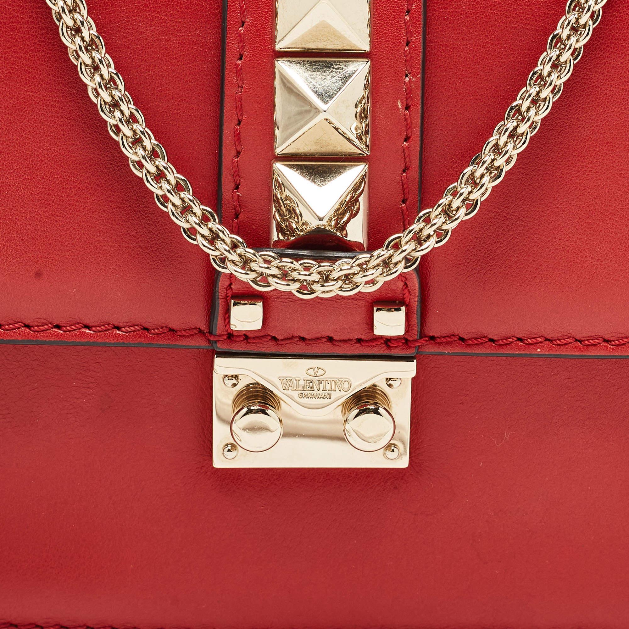 Valentino Red Leather Small Rockstud Glam Lock Flap Bag For Sale 9