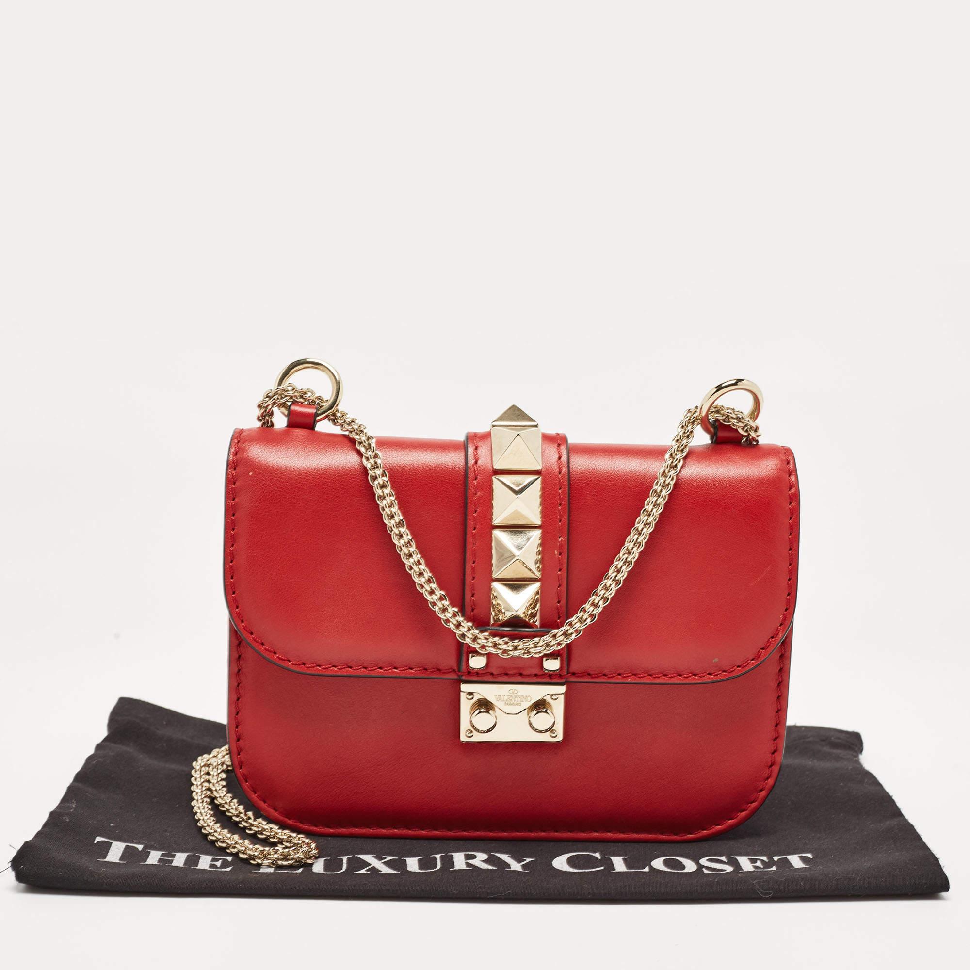 Valentino Red Leather Small Rockstud Glam Lock Flap Bag For Sale 10