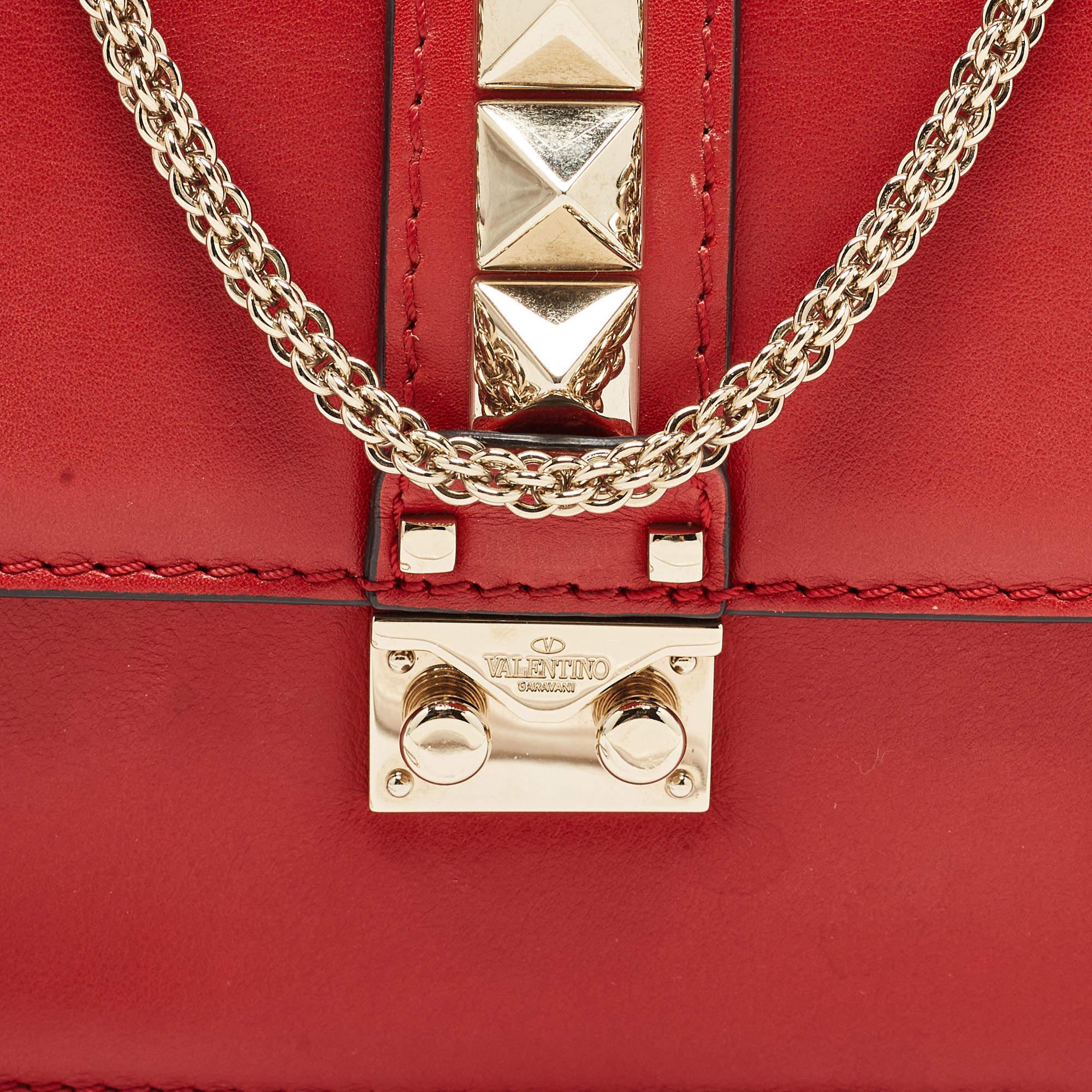 Valentino Red Leather Small Rockstud Glam Lock Flap Bag For Sale 4