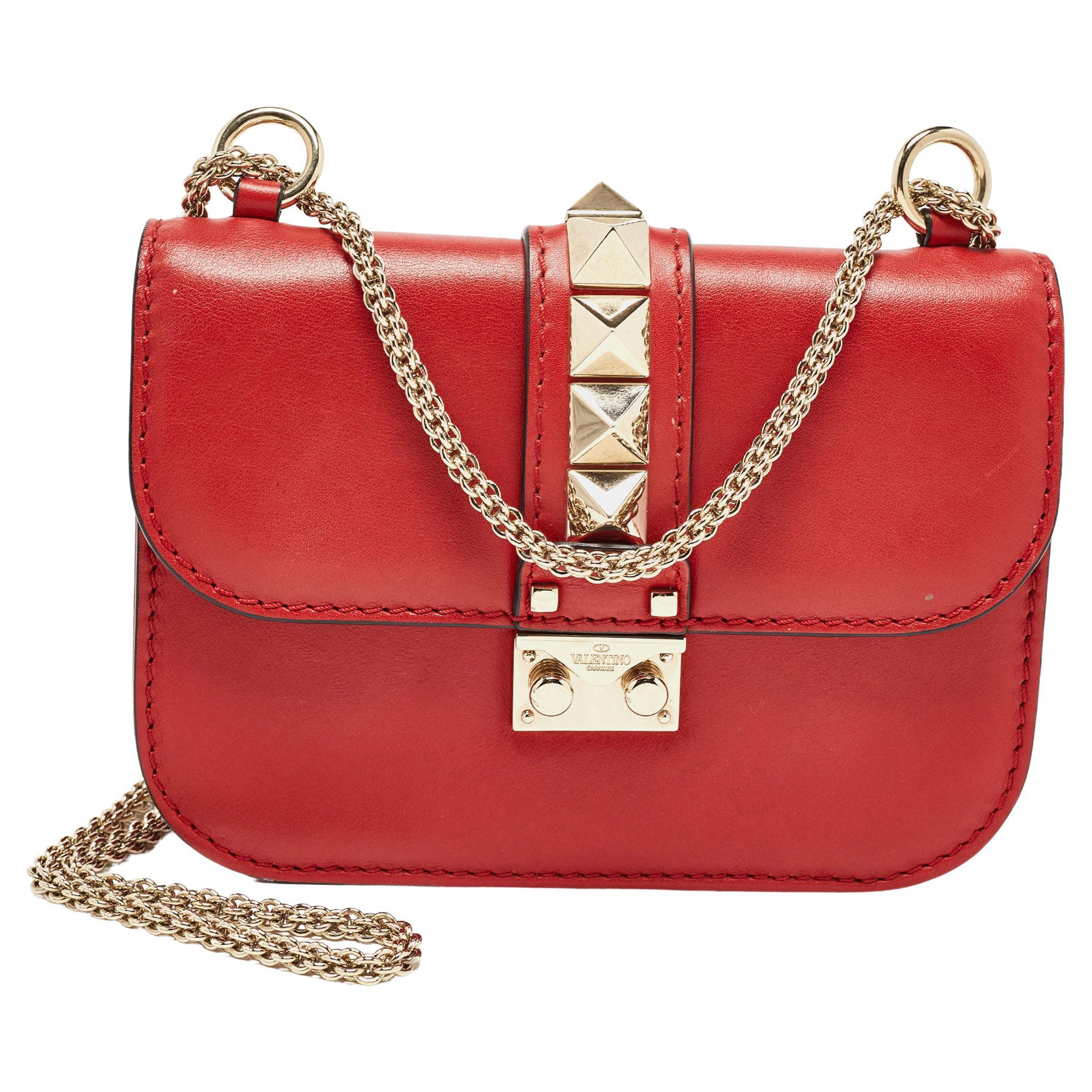 Valentino Red Leather Small Rockstud Glam Lock Flap Bag For Sale
