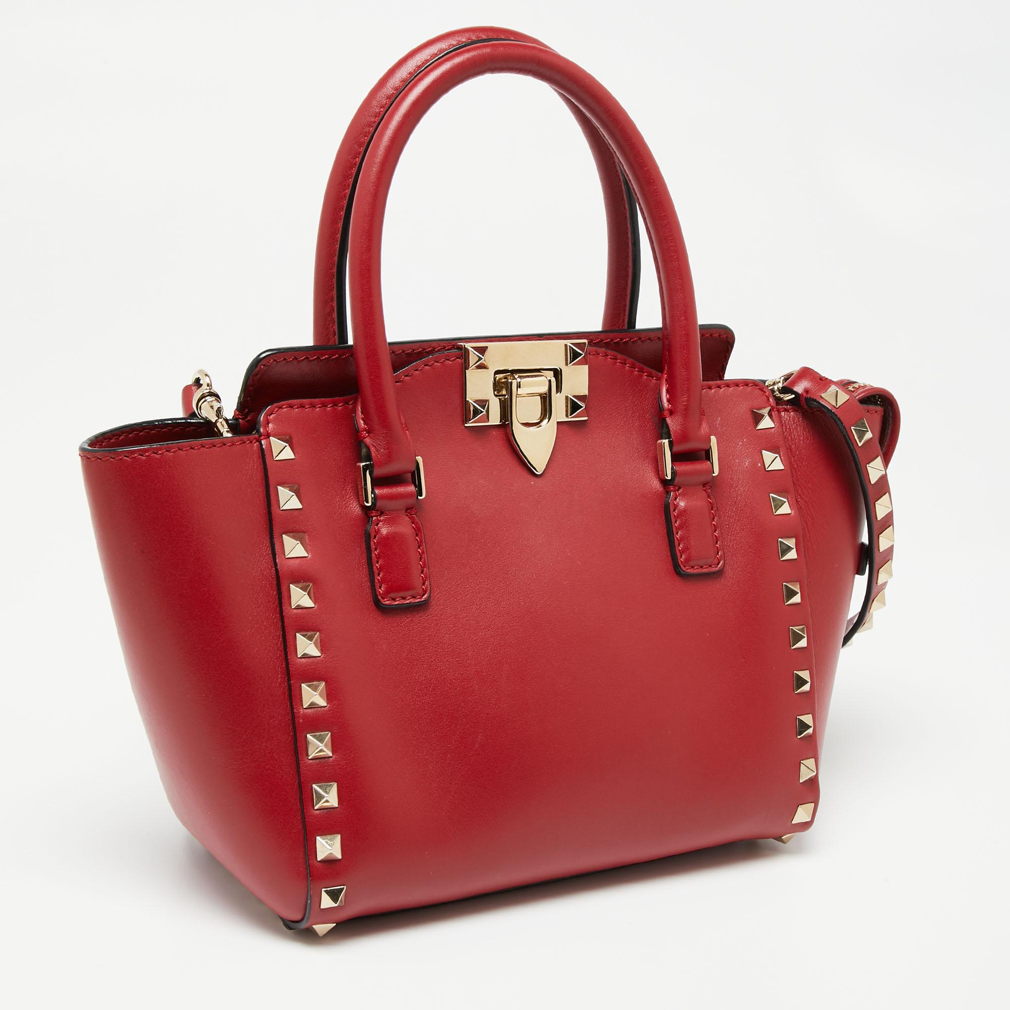 Women's Valentino Red Leather Small Rockstud Tote