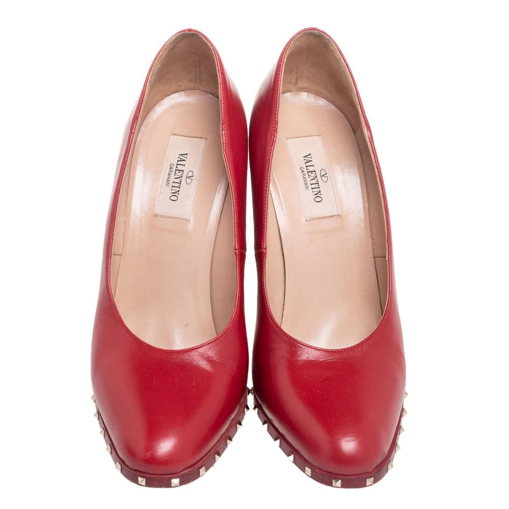 Brown Valentino Red Leather Soul Rockstud Block Heel Pumps Size 37.5