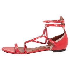 Valentino Red Leather Strappy Open Toe Flats Size 39