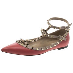 Valentino Red Leather T Strap Rockstud Ballet Flats Size 39.5