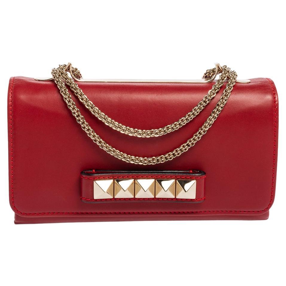 Valentino Red Lipstick Leather Medium Rockstud Glam Lock Flap Bag at