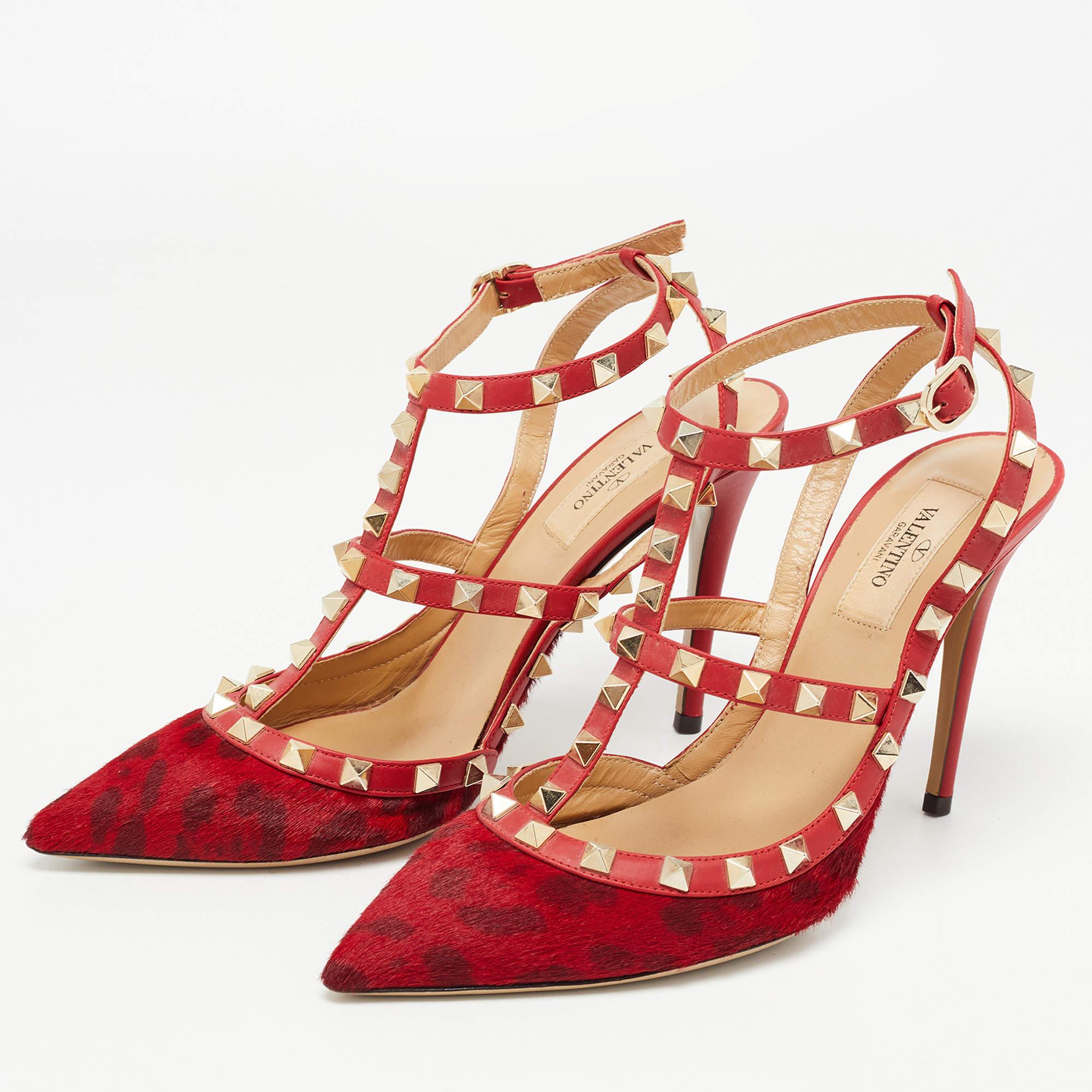 Women's Valentino Red Leopard Print Calf Hair Rockstud Ankle Strap Pumps Size 38.5