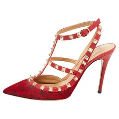 Valentino Red Leopard Print Calf Hair Rockstud Ankle Strap Pumps Size 38.5