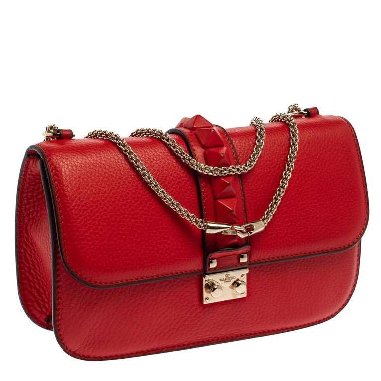 Valentino Red Lipstick Leather Medium Rockstud Glam Lock Flap Bag at ...