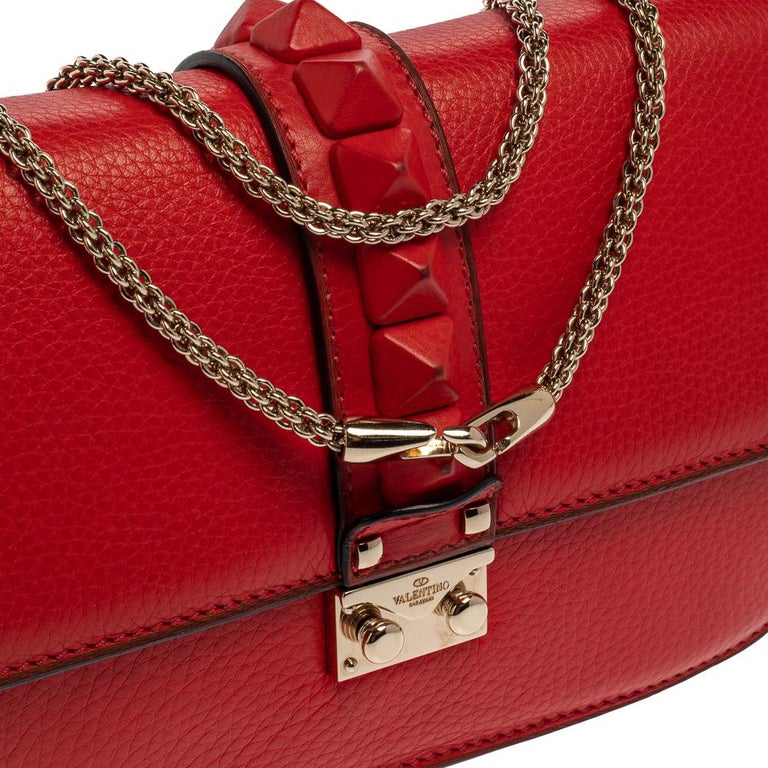 Valentino Red Lipstick Leather Medium Rockstud Glam Lock Flap Bag at