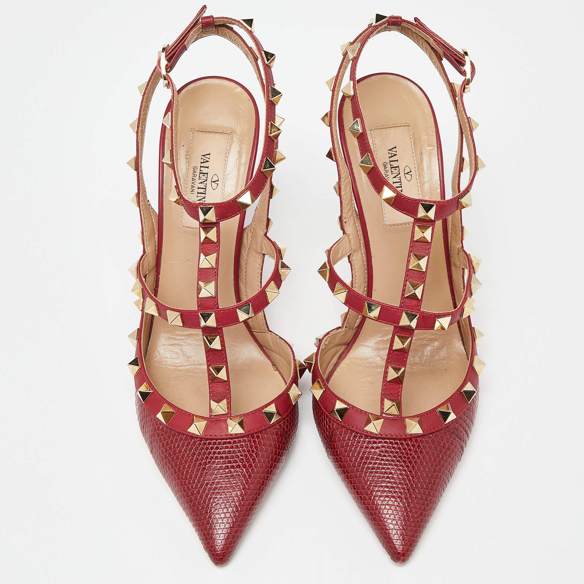 Brown Valentino Red Lizard and Leather Rockstud Pumps Size 37.5