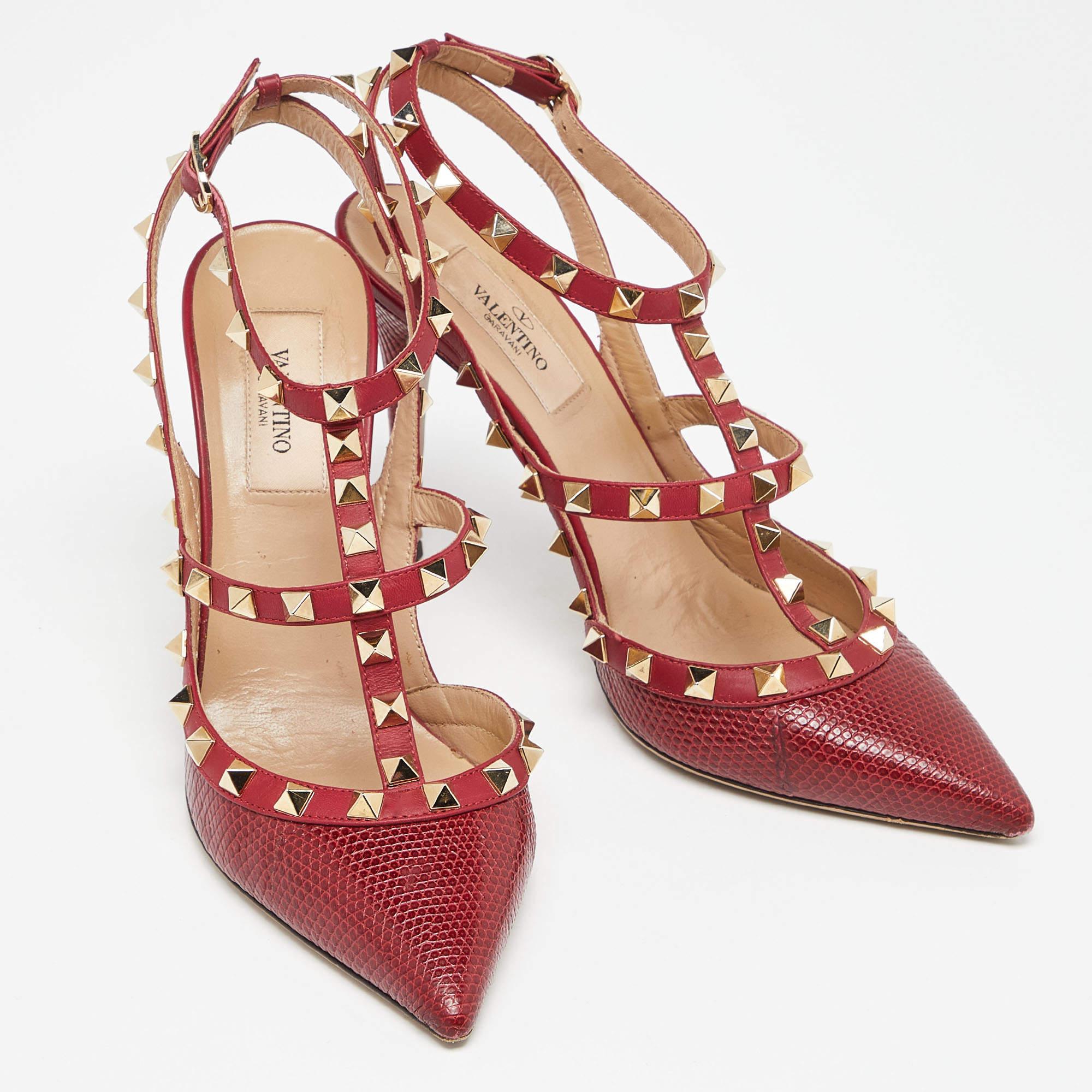 Women's Valentino Red Lizard and Leather Rockstud Pumps Size 37.5
