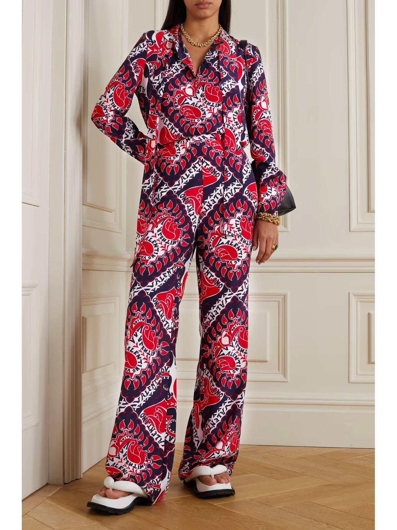 VALENTINO red navy white silk 2022 MANIFESTO STRAIGHT Pants S 2