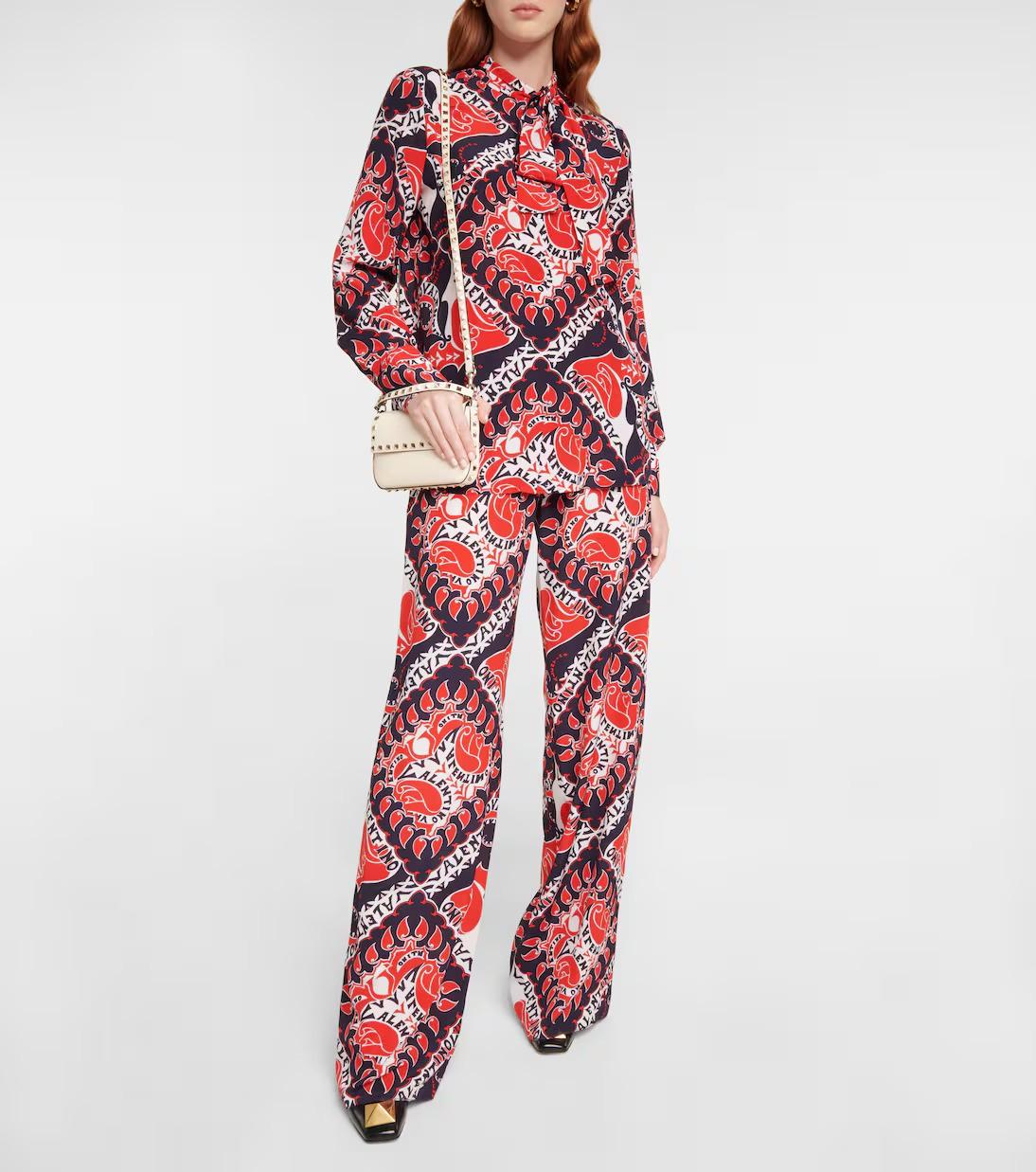 VALENTINO red navy white silk 2022 MANIFESTO STRAIGHT Pants S 3