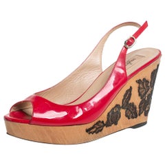 Valentino Red Patent Leather And Lace Embellished Wedge Peep Toe Sandals Size 40