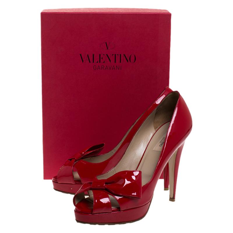 Valentino Red Patent Leather Bow Open Toe Platform Pumps Size 40 1