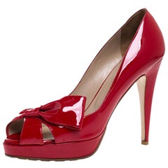 Valentino Red Patent Leather Bow Open Toe Platform Pumps Size 40