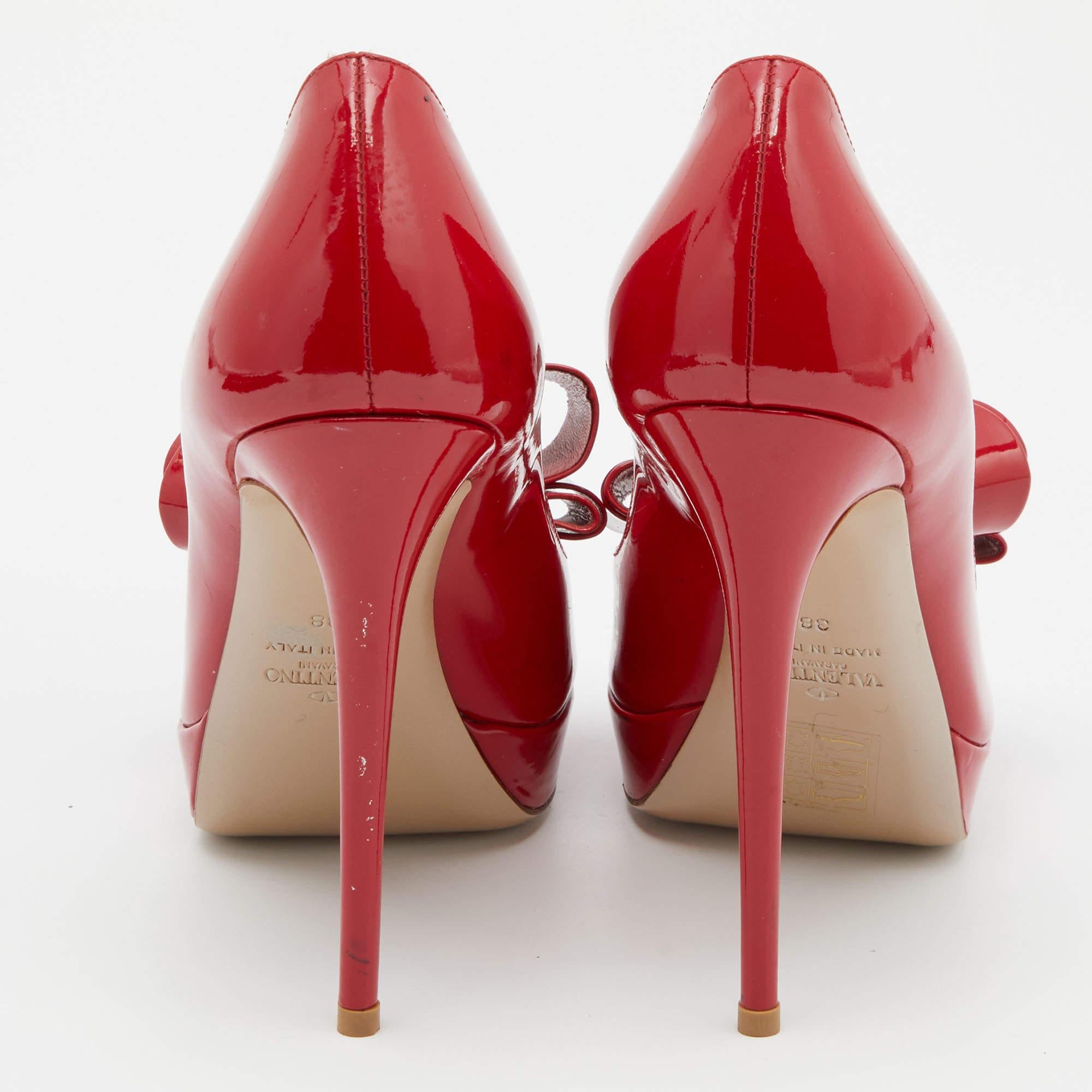 Valentino Red Patent Leather Bow Peep Toe Platform Pumps Size 38 1