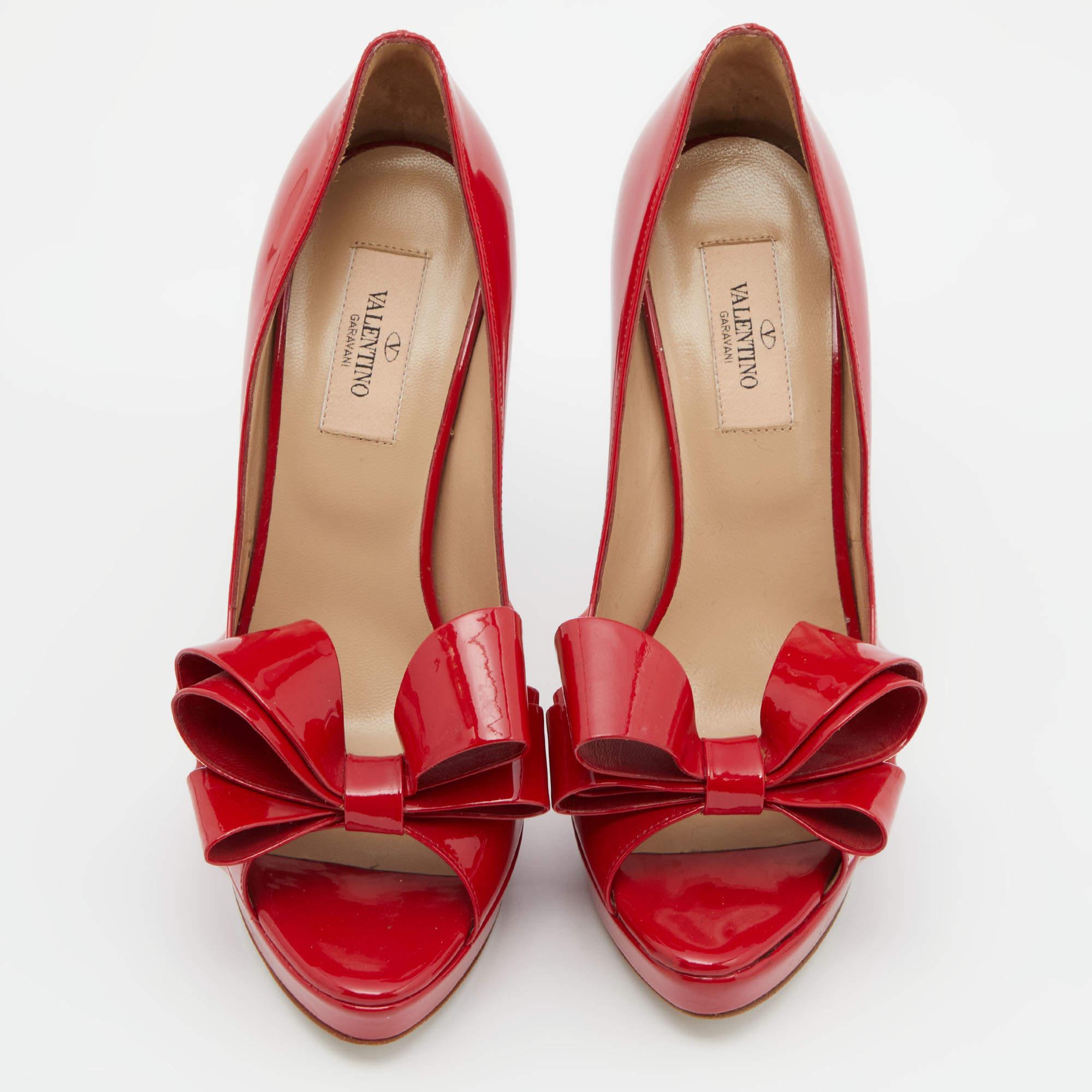 Valentino Red Patent Leather Bow Peep Toe Platform Pumps Size 38 2