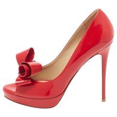 Valentino Red Patent Leather Bow Peep Toe Platform Pumps Size 39