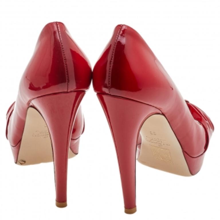 Valentino Red Patent Leather Bow Peep Toe Pumps Size 36 For Sale 1