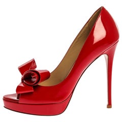 Valentino Red Patent Leather Couture Bow Peep Toe Platform Pumps Size 37