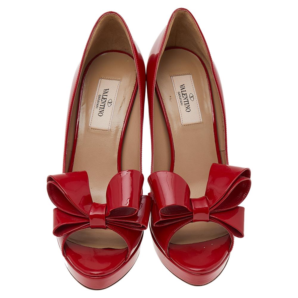 Brown Valentino Red Patent Leather Couture Bow Peep Toe Platform Pumps Size 39