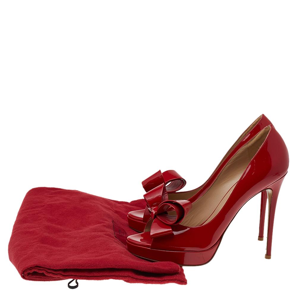 Valentino Red Patent Leather Couture Bow Peep Toe Platform Pumps Size 39 2