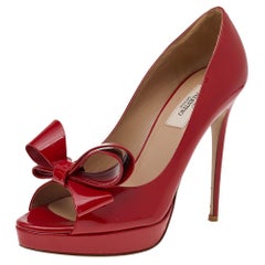 Valentino Red Patent Leather Couture Bow Peep Toe Platform Pumps Size 39