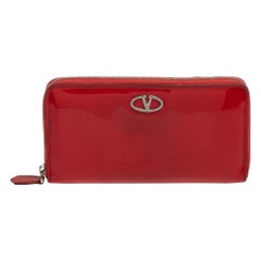 Valentino Red Patent Leather Crystal Embellished VLogo Zip Around Wallet