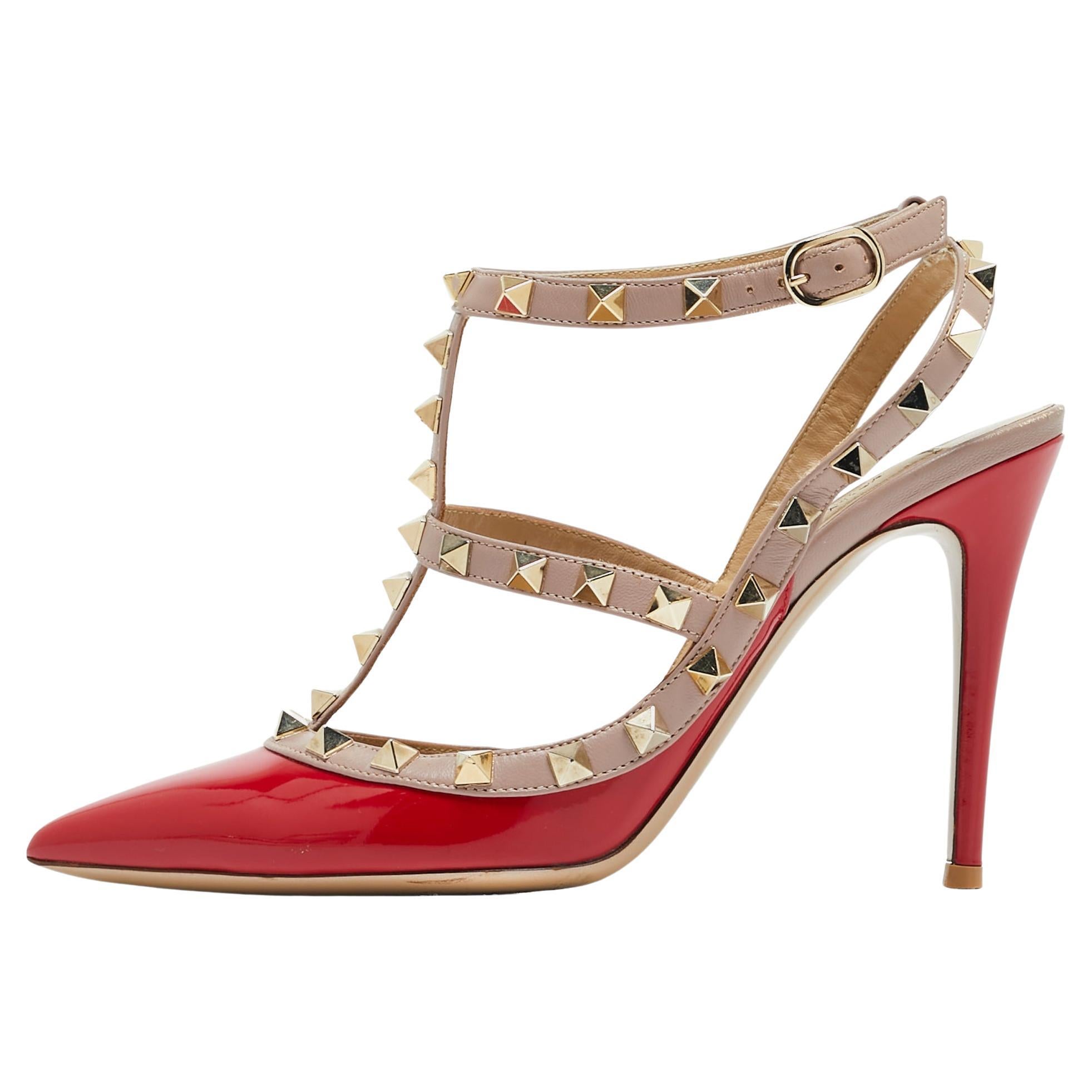 Valentino Red Patent Leather Rockstud Ankle Strap Pumps Size 37 For Sale