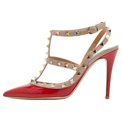 Used Valentino Red Patent Leather Rockstud Ankle Strap Pumps Size 37