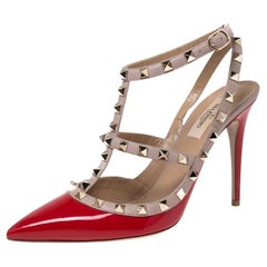 Valentino Rote Lackleder-Pumps mit Nieten und Knöchelriemen Größe 39,5