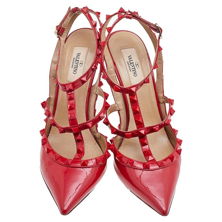 Valentino Red Patent Leather Rockstud Ankle Strap Sandals at | valentino red heels, valentino rockstud red, valentino rockstuds red