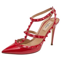 Valentino Red Patent Leather Rockstud Ankle Strap Sandals Size 39.5